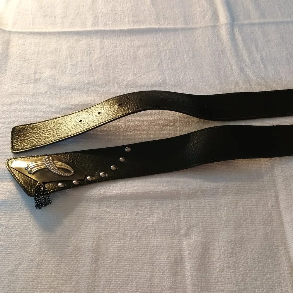 Women Sz Medium Leather Wide Belt Black Metal Deco Statement Bold Vintage Preppy